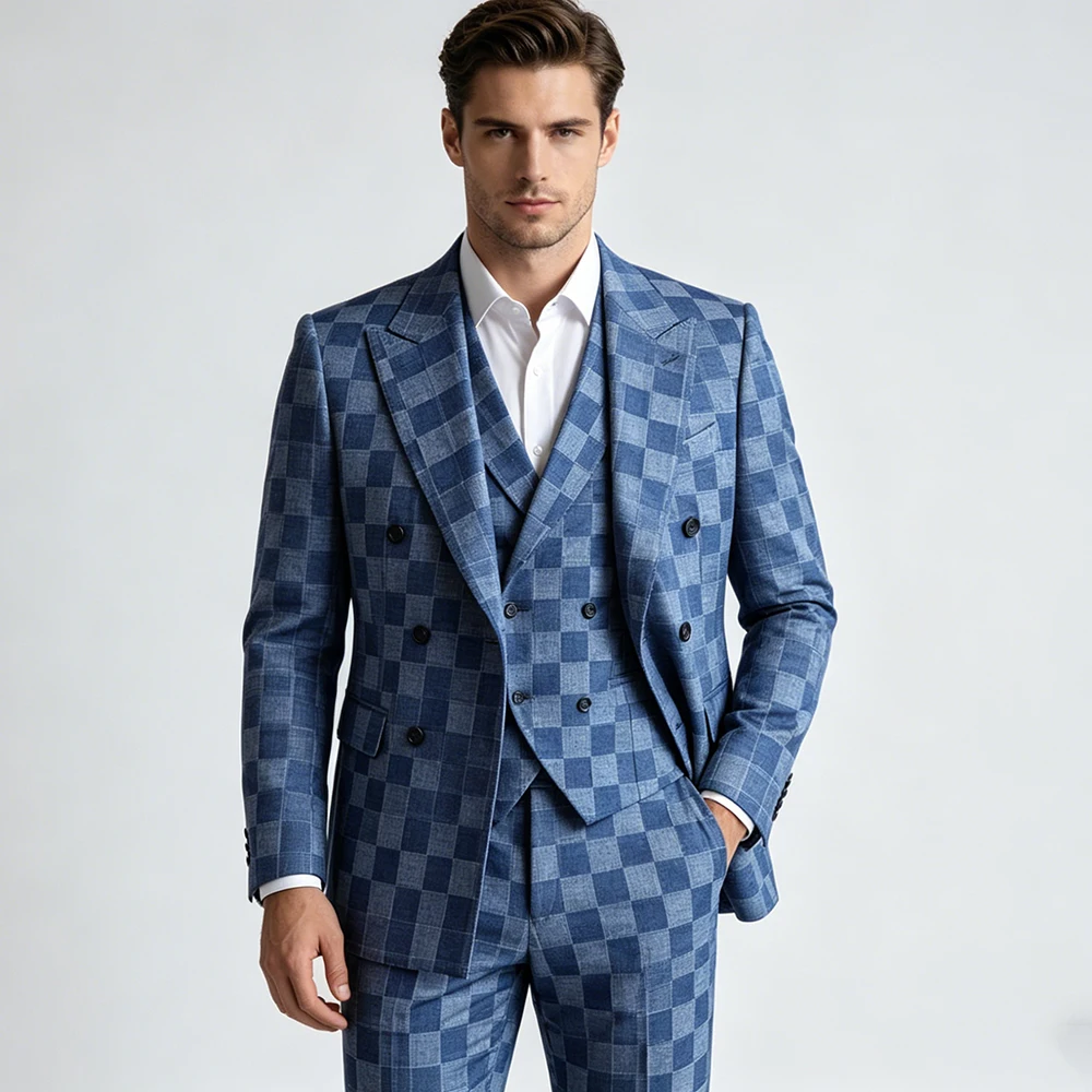 

Элегантный мужской костюм в клетку «Рыболовная сеть» класса люкс, двубортный, с острыми лацканами, стандартный крой, 3 предмета: пиджак, брюки, жилет.