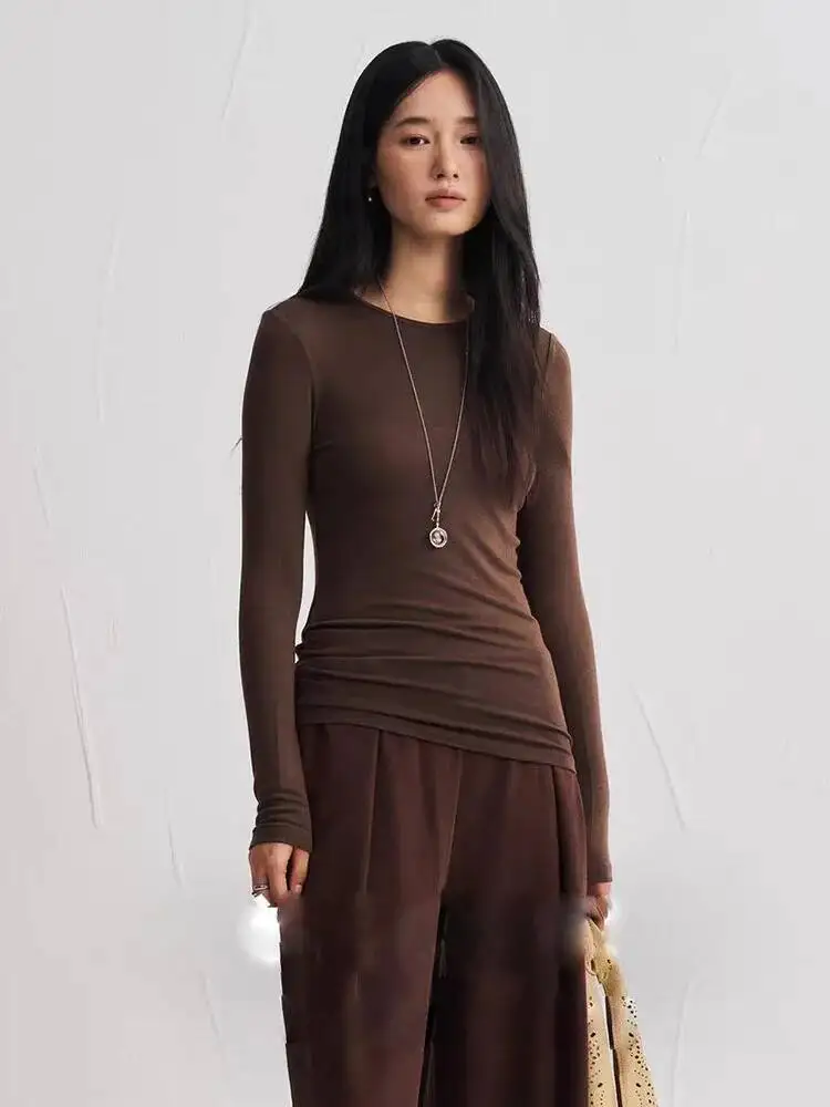 Women Cashmere Blend Long Sleeve Top Autumn Winter Soft Modal Stretch Slim Fit Round Neck Basic Layering Knit T-Shirt view 6