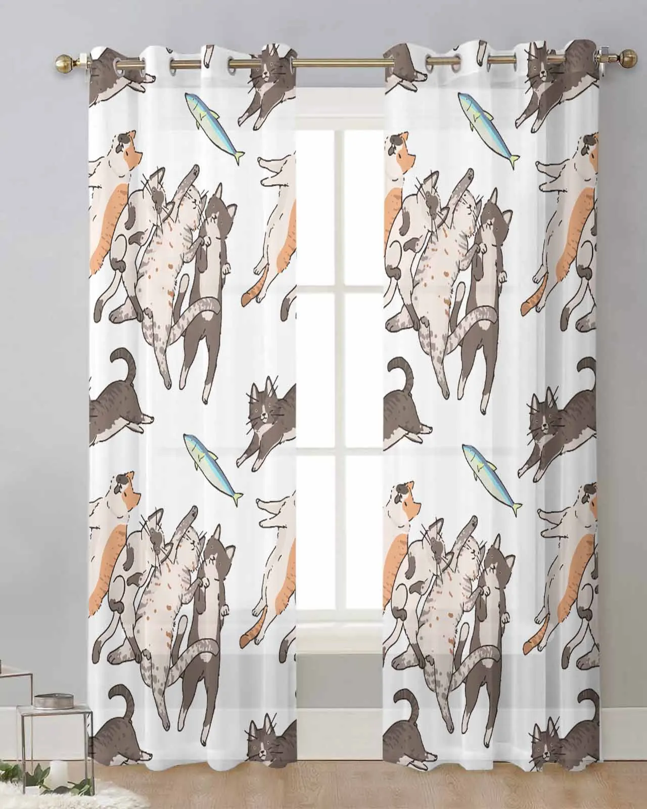 

Line Cat Flower Animal Fish Tulle Curtains Living Room Sheer Window Treatments Voile Drapes with Grommets Home Decor