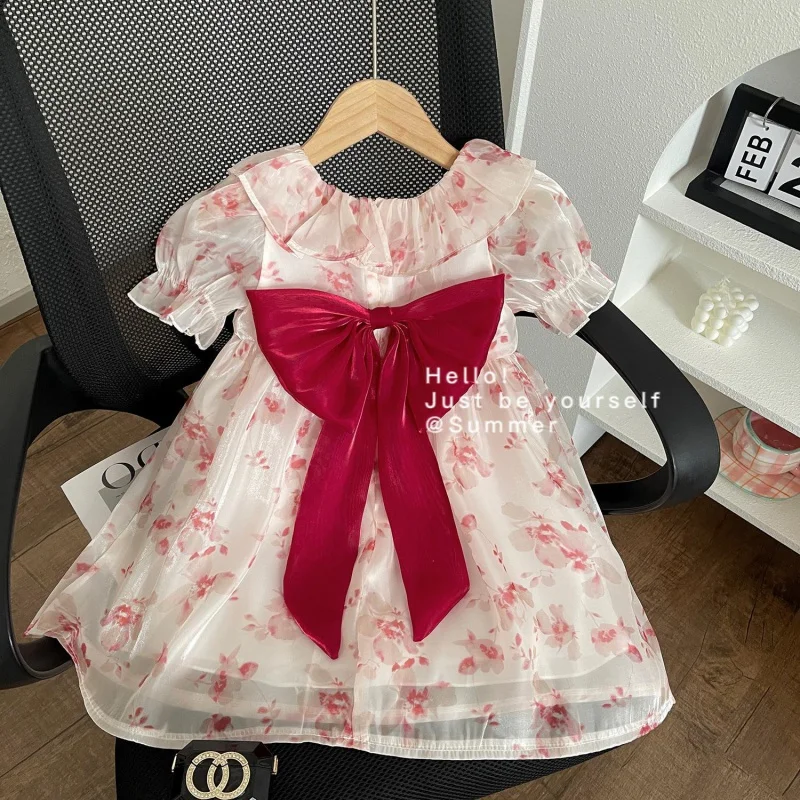 

2024Summer New Girls' Cute Sweet Bow Short-Sleeved Dress Children's Skirt One-Piece Delivery-WSNY