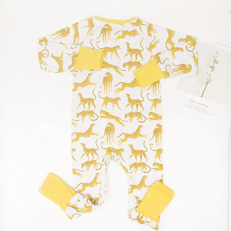 Foreign trade baby Lins wind.Leopard bamboo fiber printing zipper one-piece climbing suit pajamas