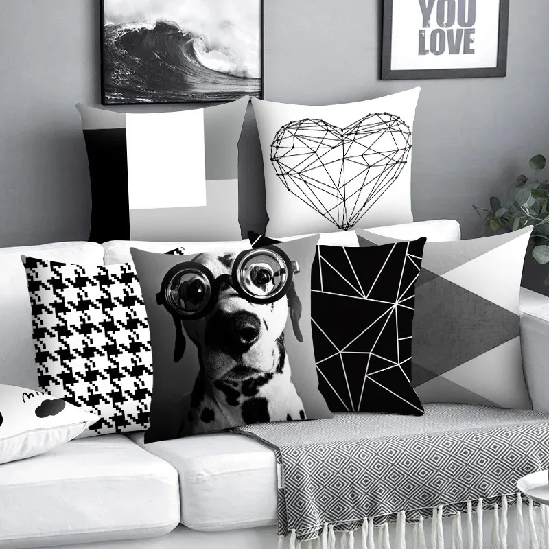 

Nordic Black White Cushion Cover Funny Geometric Houndstooth Decorative Pillow Case Couch Sofa Living Room Bed Home Decor 40x40