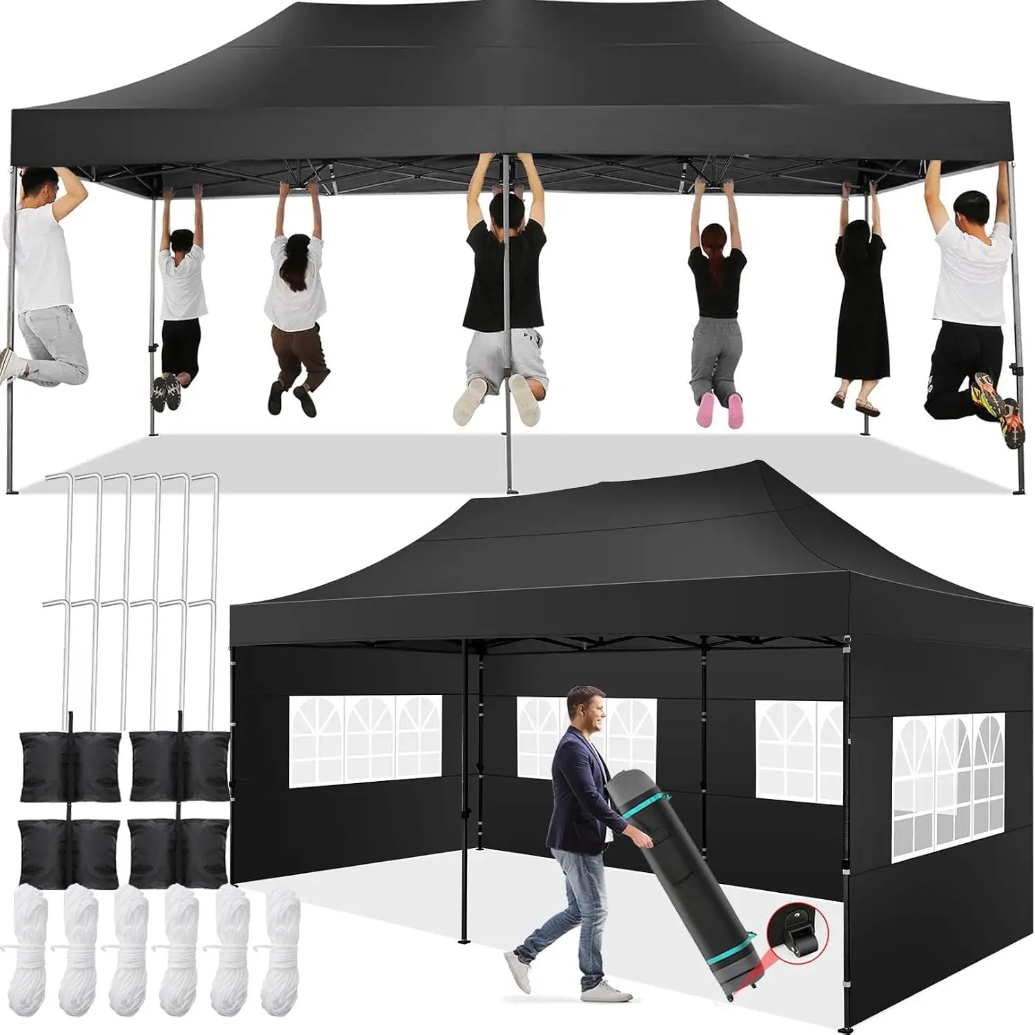 10x20 FT Black Heavy Duty Pop Up Canopy Tent with 6 Sidewalls, Waterproof UPF 50+ Outdoor Gazebo with Roller Bag for Weddings