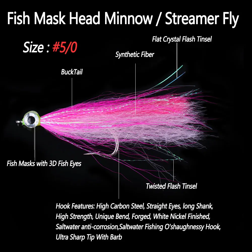 Bimoo 4PCS #5/0  Saltwater Streamer Fly Fish Mask Head Minnow Fly Strong Barb Hook Trout Bass Pike Big Game Fishing Lures Baits