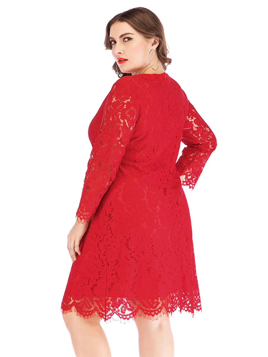 Plus Size Lace Party Dress Woman Summer Long Sleeve Lace Hollow Out Floral Sexy Eveing Club Bodycon Short Mini Dresses