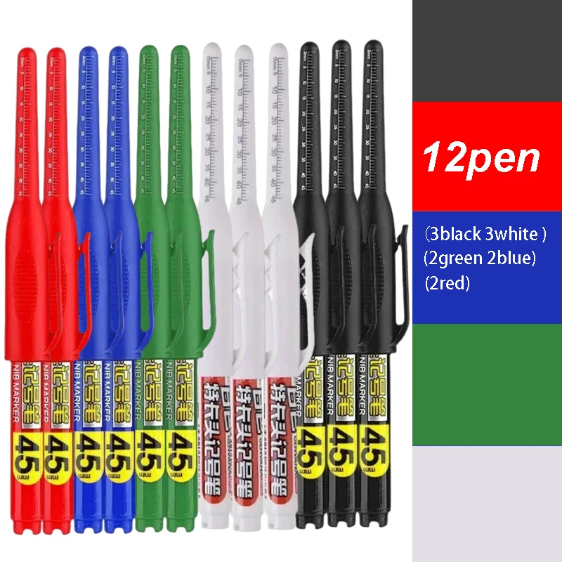 

12Pcs Multi-Purpose 45mm Deep Drill Hole Long Nib Waterproof Marker Pens for Bathroom Woodworking Long Head Carpenter Pen White