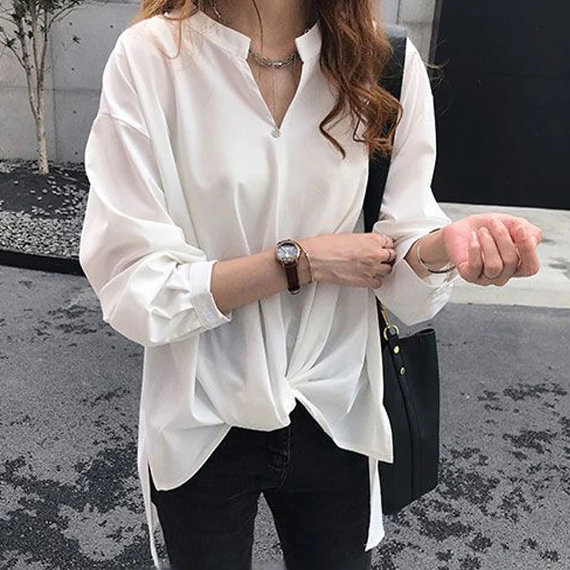 Women Korean Simple Style Irregular Oversized Streetwear Blouse Trendy V Neck Long Sleeve Solid Casual Shirts Blusas Para Mujer