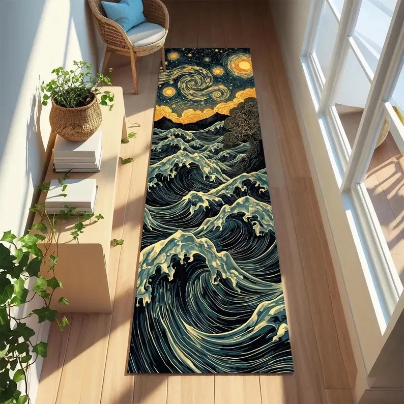 Japanischer Wellenläufer-Teppich, Wohnzimmer, Flur, Nachttisch, Sofa, Fußmatte, Meer, Strand, Muster, dekorativer Teppich