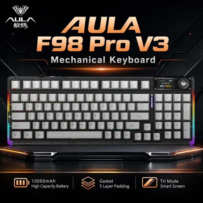 AULA F98 Pro V3 Mechanical Keyboard Tri Mode Wireless RGB Backlight Smart TFT Display 10000mAh Battery Hot Swap Gaming Keyboard
