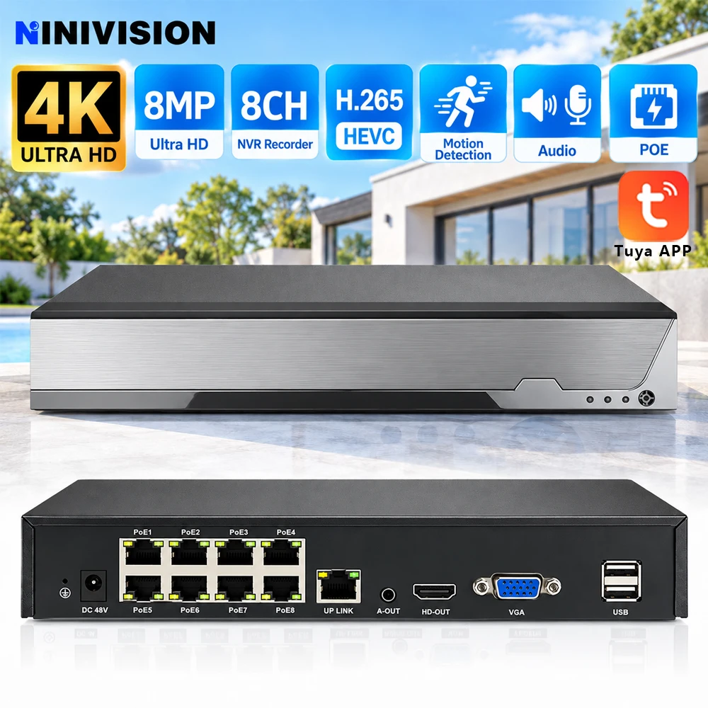 Ultra HD 4K 8MP Tuya 8CH PoE NVR Security Recorder H.265 Video Compression Motion Detection Audio HDMI VGA IP CCTV Surveillance