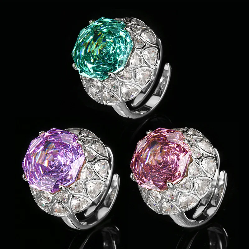 

Adjustable Square Cut Colored Gem Cocktail Rings Green Purple Pink Vintage Halo Design Cubic Zirconia Party Jewelry for Women