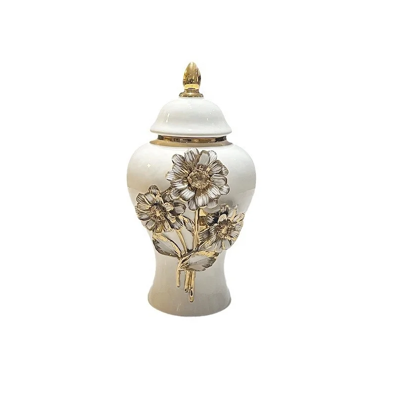 

&c Three Gold-plated Floral Decorative Ginger Jars With Lids Light Luxury White Ceramic Tabletop Vases for Living Room Home