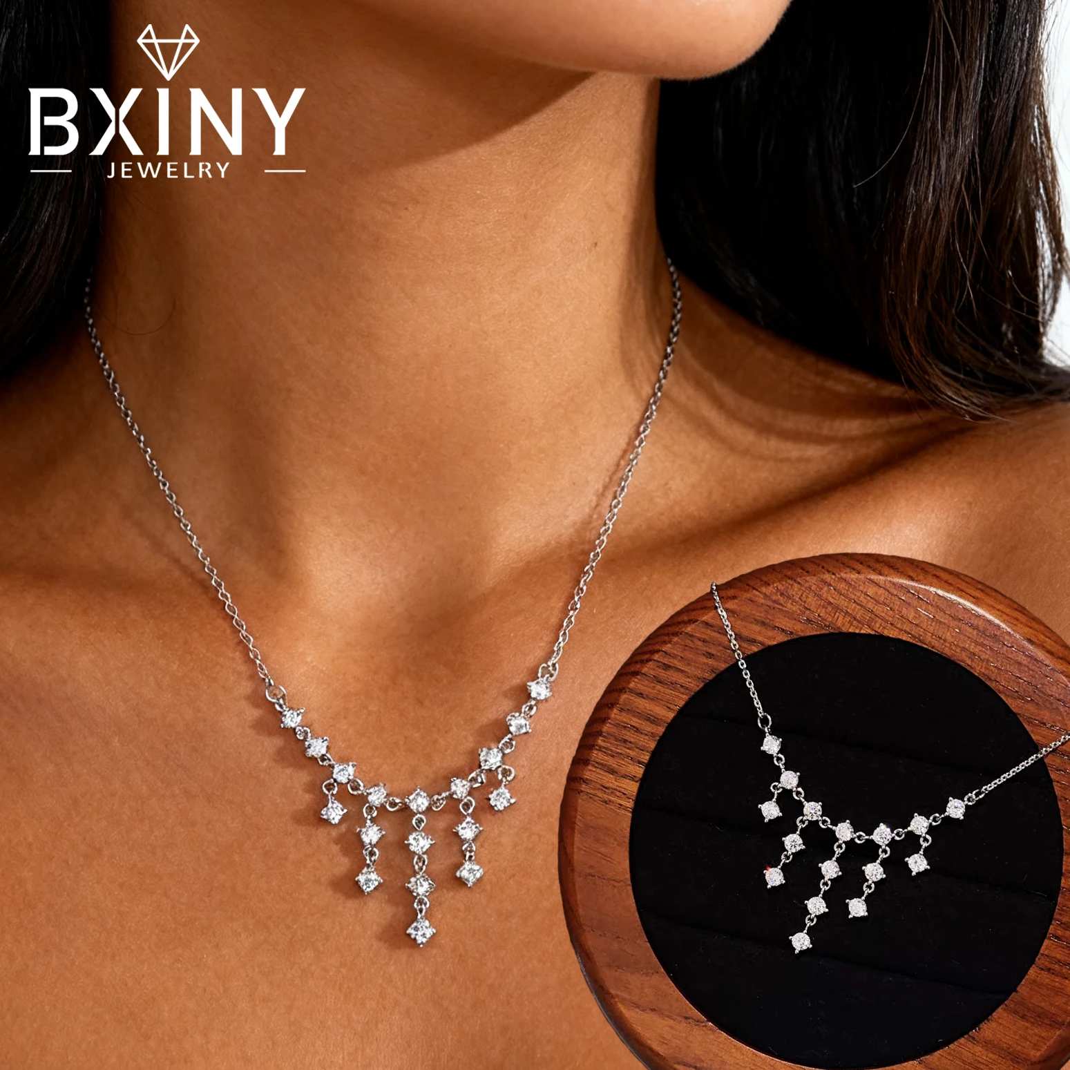 

BXINY Waterfall Moissanite Necklace 100% S925 Silver for Women Tassel Diamond Pendant Neck Chain Party Jewelry Gifts Certificate