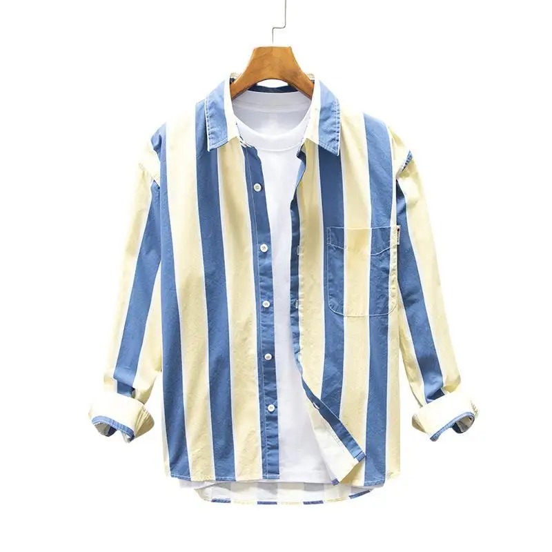 Korea New Spring Autumn Men\'s Cotton 100% Daily Stripe Shirts Long Sleeve Slim Fit Casual Men Turn-down Collar Tops Clothes