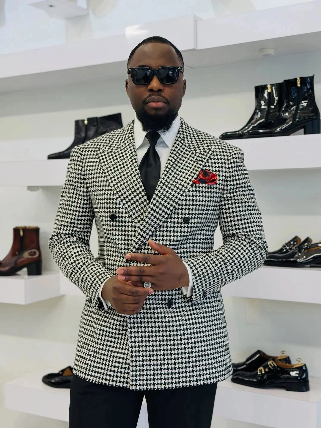 

Outfits Houndstooth Jacket Solid Pants 2 Pieces Double Breasted Peaked Lapel Slim Fit Formal Party Groom Wedding Casual Outfits
