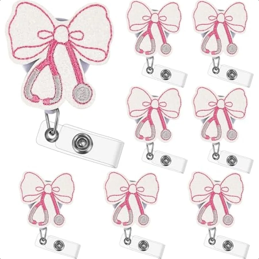 

8 Pcs Pink Bow Badge Reel Retractable Badge Reels Cute ID Badge Holder Clip Felt Embroidery Nursing Name Badge Holders Apprec