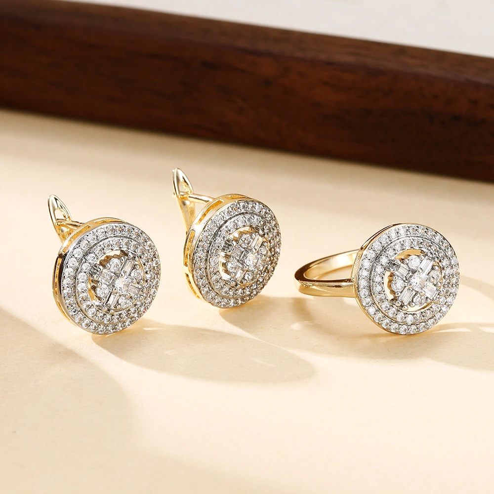 Round two-color design inlaid zircon earrings and rings set fashion jewelry holiday party banquet exquisite gift three-piece set