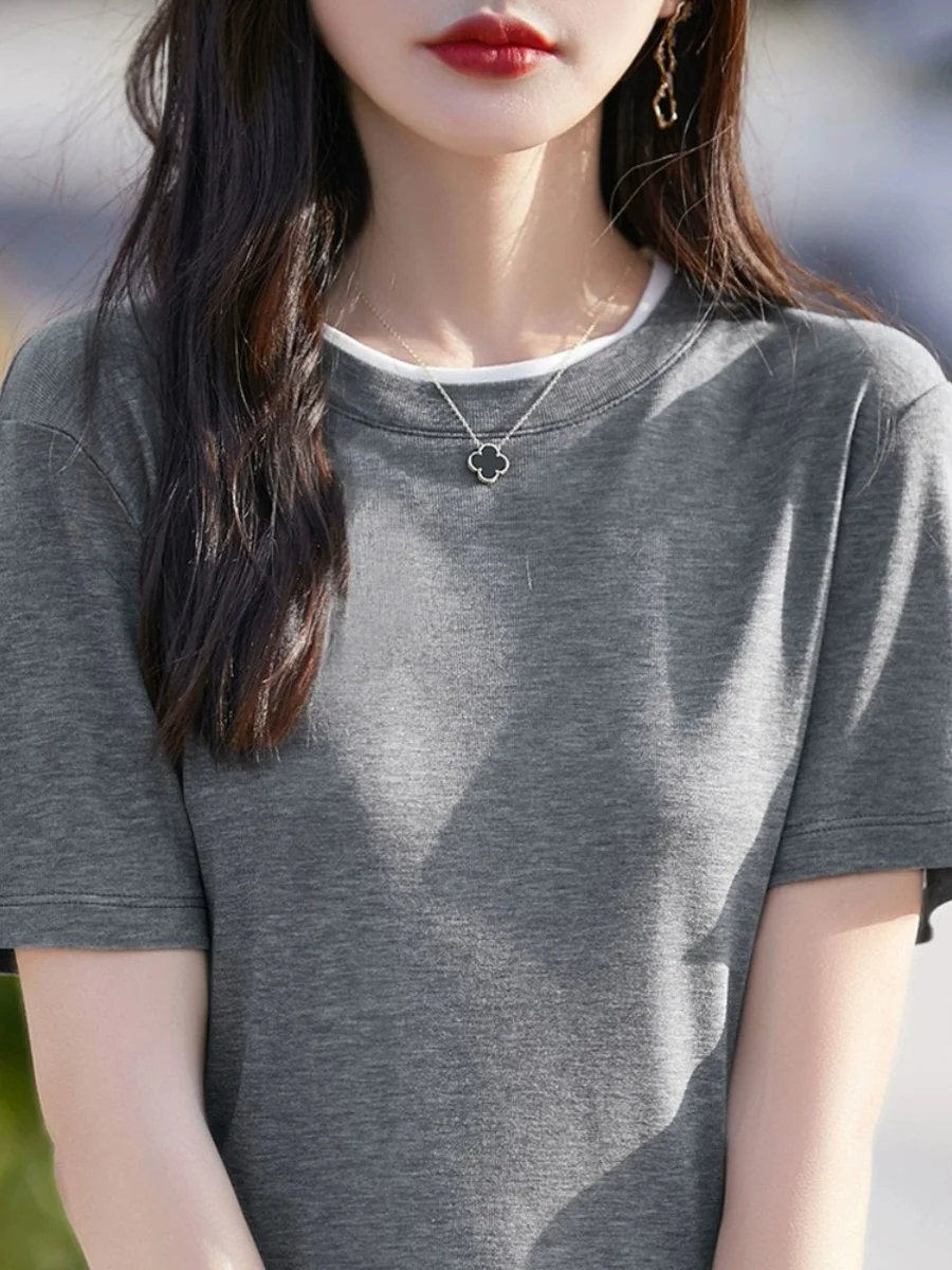 

Ele ort Sve round Ne Knit irt Women's Summer 2024 New Sle Thin Inner Wear T-irt Simple Commute Sle Pure Color