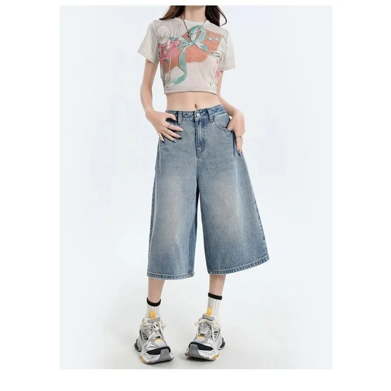 

Women Vintage Wide Leg Denim Capri Pants Shorts Summer New Fashion Solid Color Loose Straight Leg Casual Streetwear