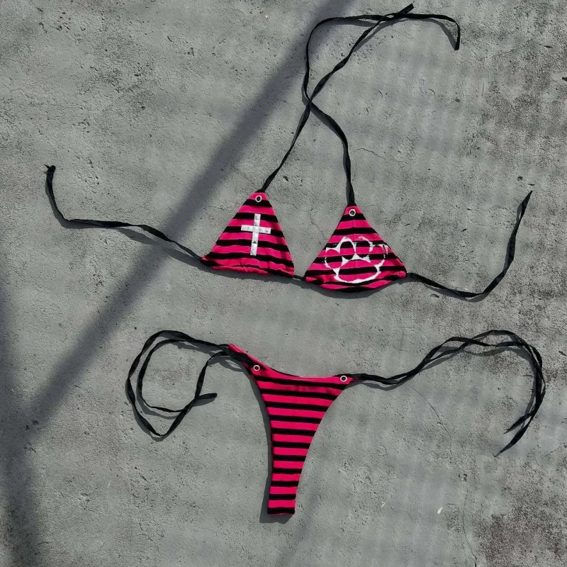 Cross border European and American Gothic striped rivet bikini sexy hot girl beach set bra swimsuit