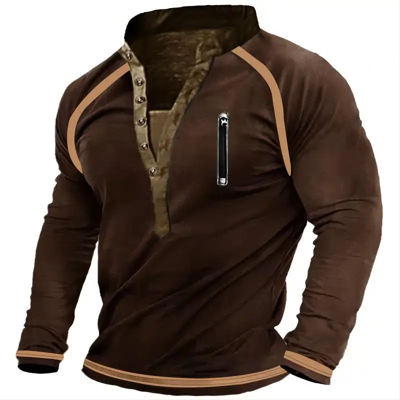 

T-shirt Men V-neck Button Long Sleeved Pure Cotton Thickened Warm Tactical Hoodie Pullover