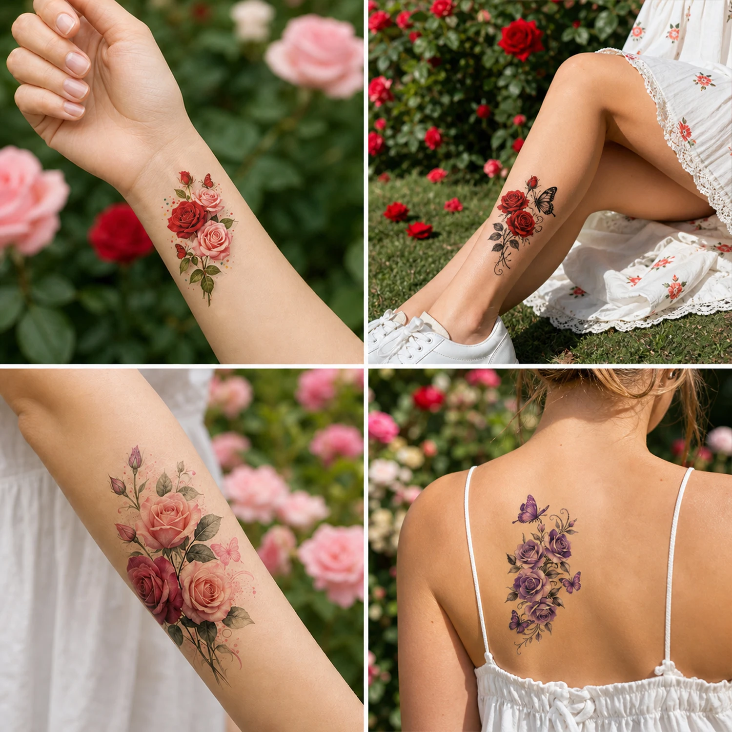 8 Sheets Watercolor Rose Flowers Temporary Tattoos For Women Adults, Realistic Florals Fake Tattoo Stickers , Colorful Bulk Half