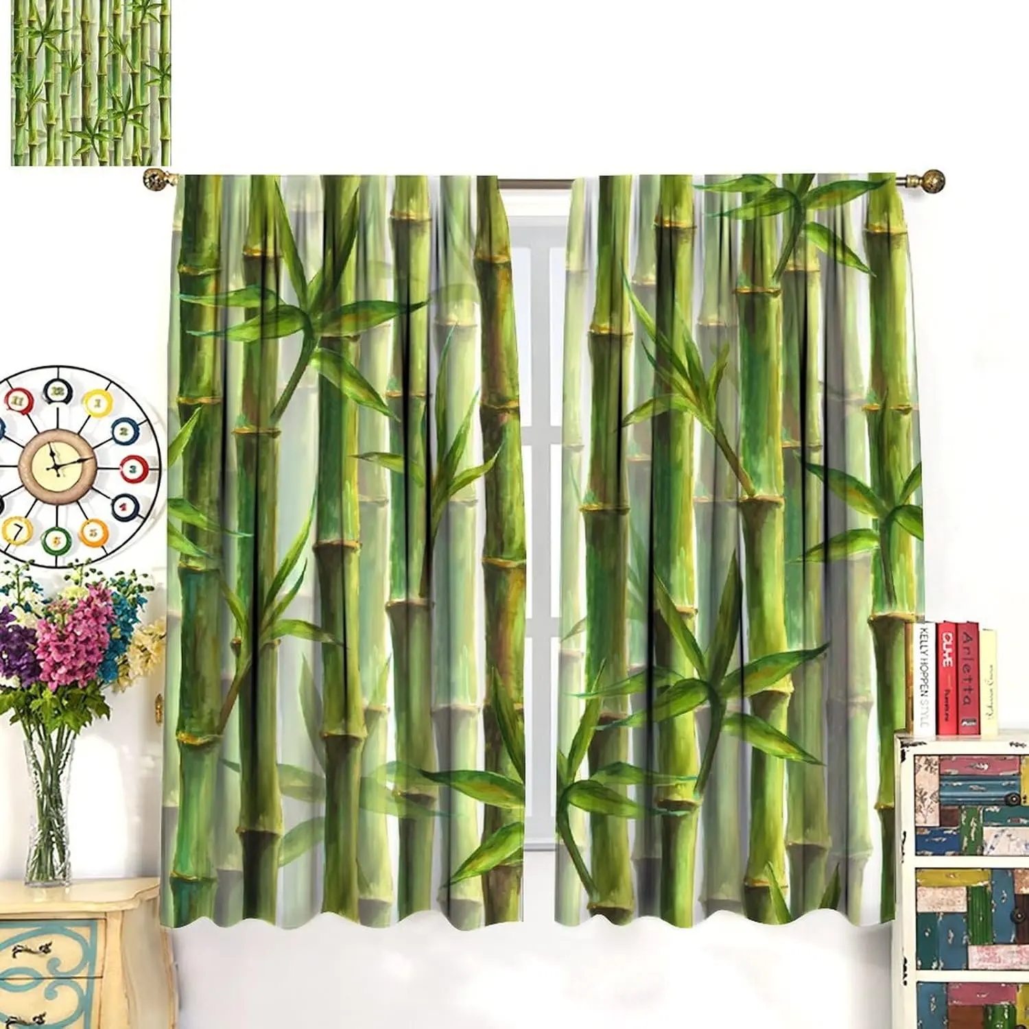 Green Bamboo Curtains, Bamboo Forest Painting Style Print Decor Rod Pocket Window Treatment for Living Rooms Restaurant Bedroom