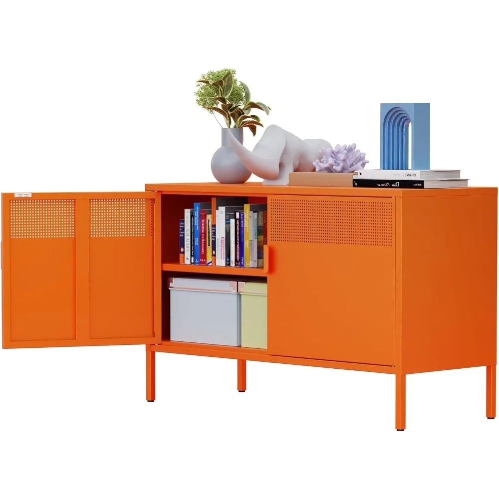 

Orange Wide Metal Locker Storage Cabinet, 2 Door Metal Accent Cabinet for Home and Office, 2 Tier Low Metal Cabinet with Doors a