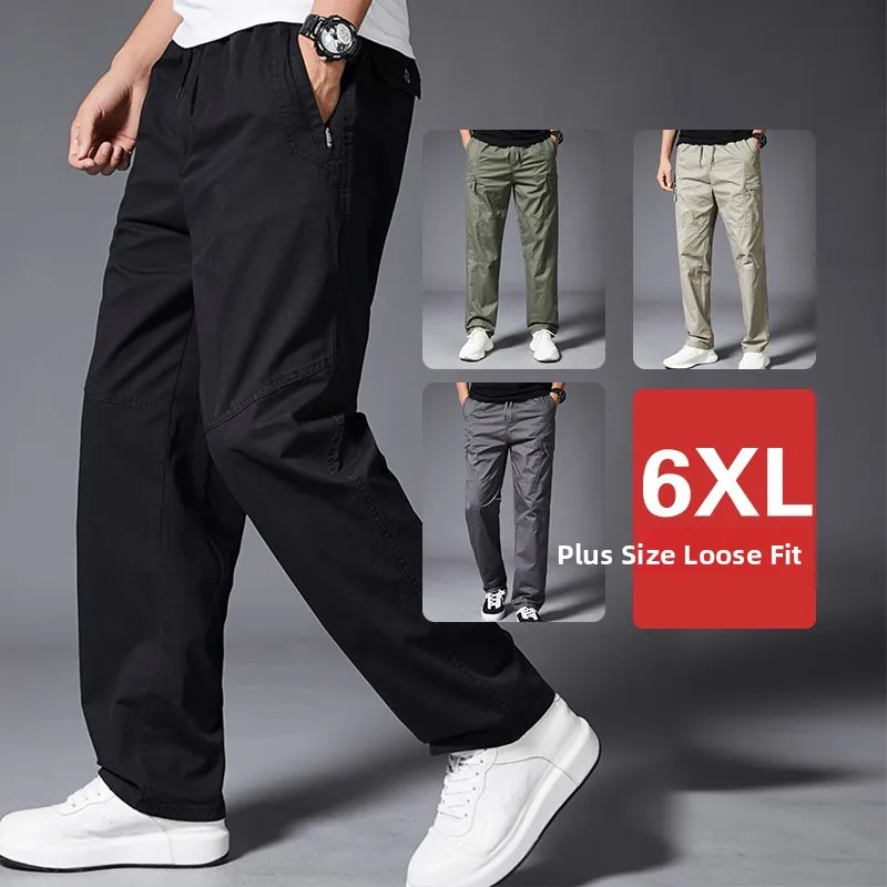 

New 2023 Men's Casual Cotton Work Trousers Wear-Resistant Loose Spring Autumn Straight Leg Multi-ket Long Pants