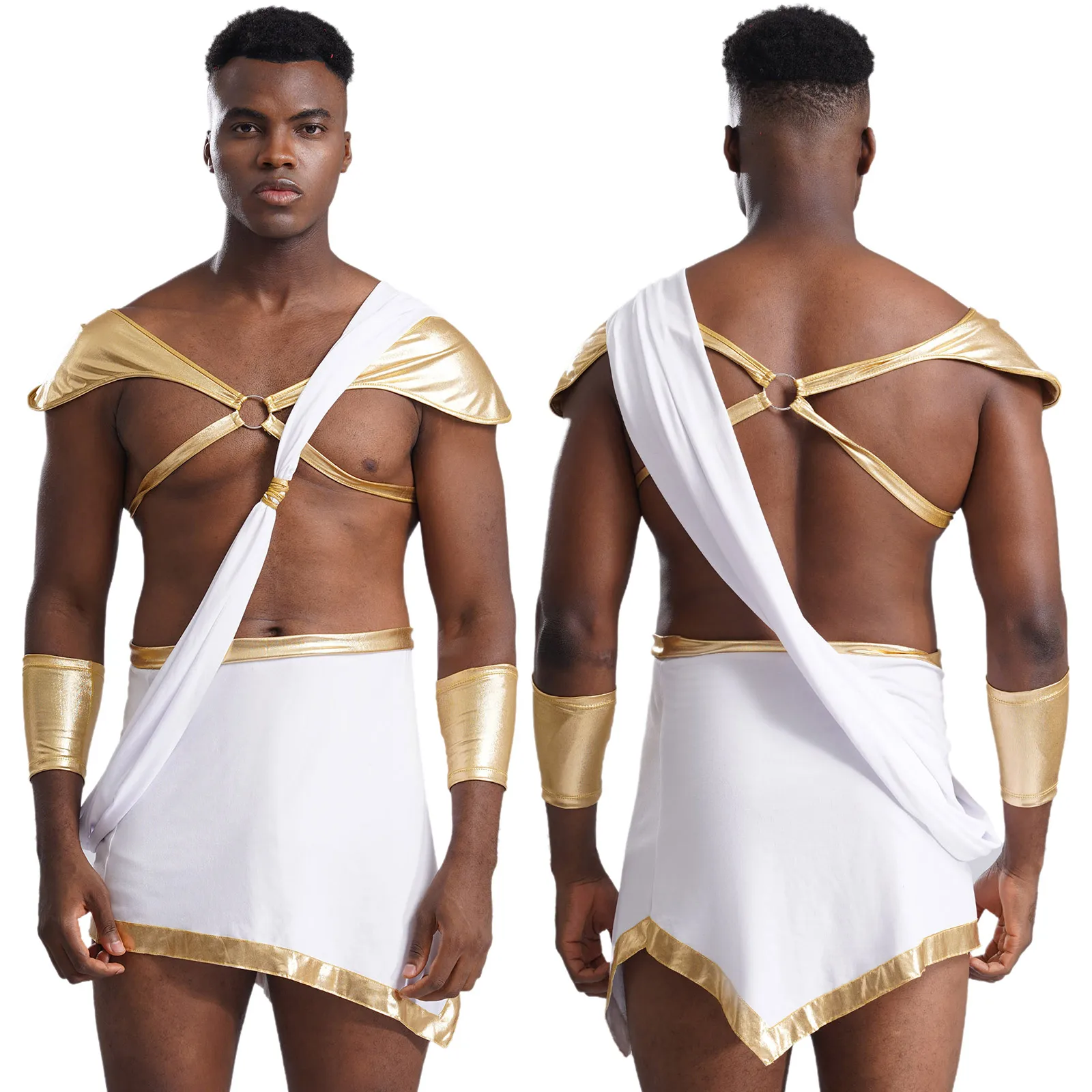 Men Ancient Greek God Zeus Cosplay Costume Halloween Roman Gladiator Role Play Dress Up Shoulder Strap Gold Trim Skirt Outfits