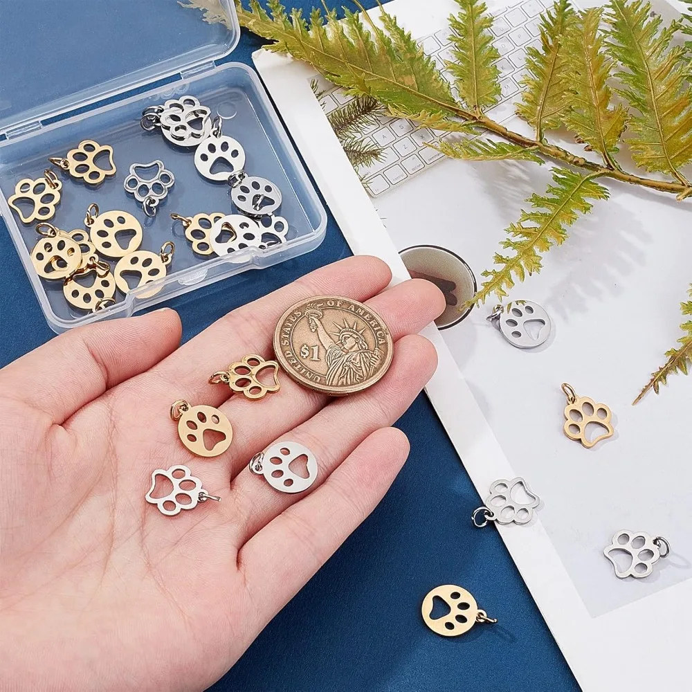 24pcs 2 Colors Flat Round with Dog Paw Prints Charm 2 Styles Dangle Hypoallergenic Charms Stainless Steel Pendants 13~14mm