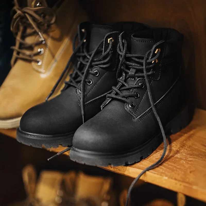Maden الرجال تنوعا أحذية سوداء برقبة أفخم بطانة الدفء الأحذية الرجعية عدم الانزلاق سميكة وحيد أحذية عمل في الهواء الطلق أحذية منتصف العجل غير رسمية