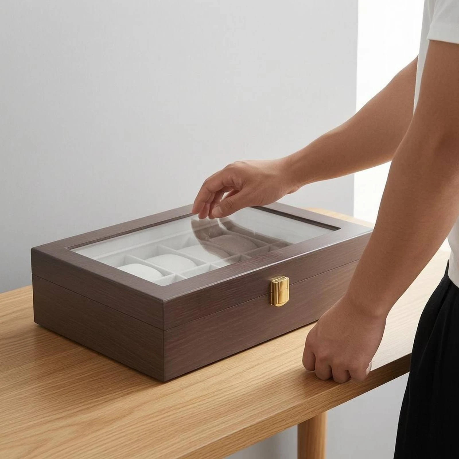 Watch Organizer Box Padded Compartments Wooden Watch Box White Lined Multi-Compartment