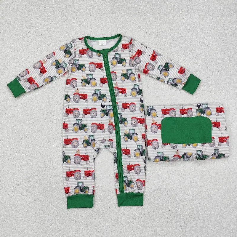 

8.20 y Winter boys romper wholesale boutique embroidered bamboo tractor striped green zipper long sleeve onesie