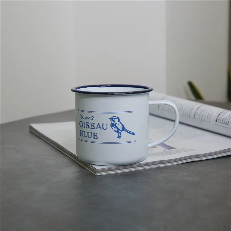 

Enamel Water Cup Coffee Mug Office Tea Cup Milk Cup Bluebird Mark Cup Japanese Sle Zakka Brand Enamelware