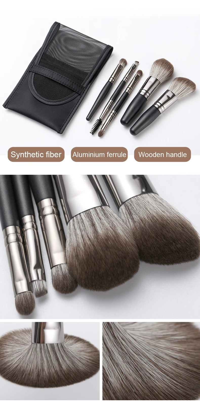ชุดแปรงแต่งหน้าขนนกธรรมชาติขนาดเล็ก 5 ชิ้น, อายแชโดว์/รองพื้น/บลัชออน/คอนซีลเลอร์และแปรงทาปากที่เหมาะกับการเดินทางเครื่องมือแบบพกพา