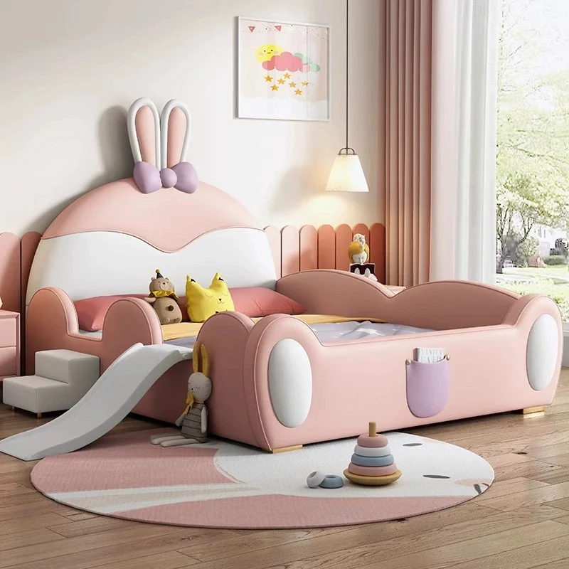 Wholesaler Children Parapet Beds Kid New Bunny Design Bed Boy Cute Double Kids Pink Bed With Stairs Slide Bedroom Furniture Set
