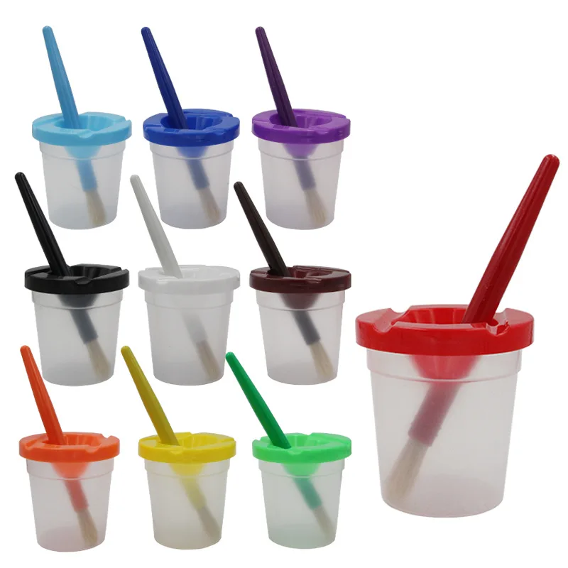 10 Piece Children\'s No Spill Paint Cups with Colored Lids and 10 Piece Large Round Brush Set with Plastic Handles