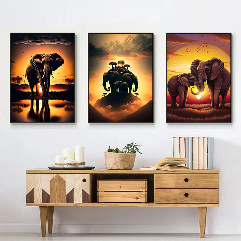 VintageWild Elephants Sunset Landscape Elephant Animal Art Posters Canvas Painting Wall Prints Pictures Living Room Home Decor
