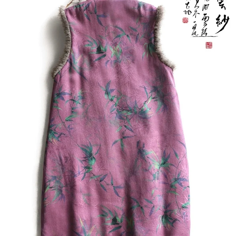 

Chinese Style Floral Print Frog Button Dresses Women Autumn Winter New A-Line Vest Vestidos Stand Collar Sleeveless Dress