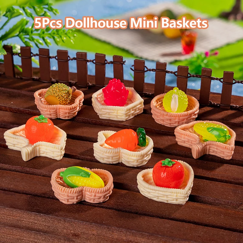 5Pcs 1/12 Dollhouse Simulation Bamboo Baskets Model Dollhouse Kitchen Storage Basket Decoration Dolls House Accessories