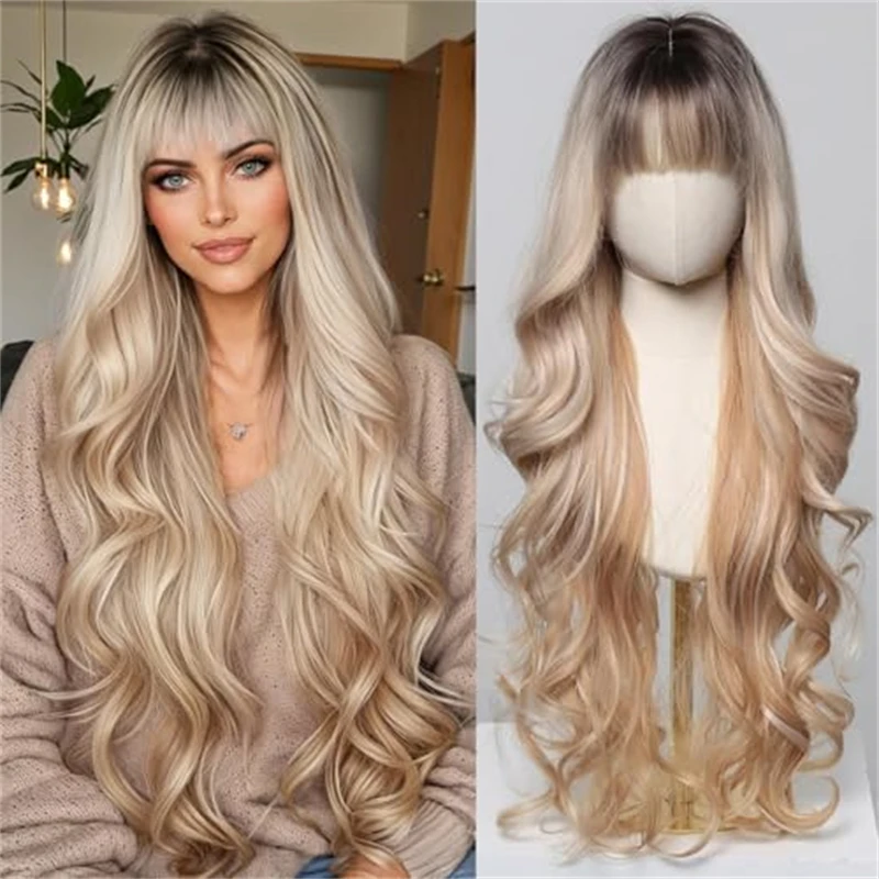 Long Ombre Blond Brown Curly Wigs With Bangs Erotogenic Synthetic Wigs Women Natural Middle Part Wigs for Party Daily Use