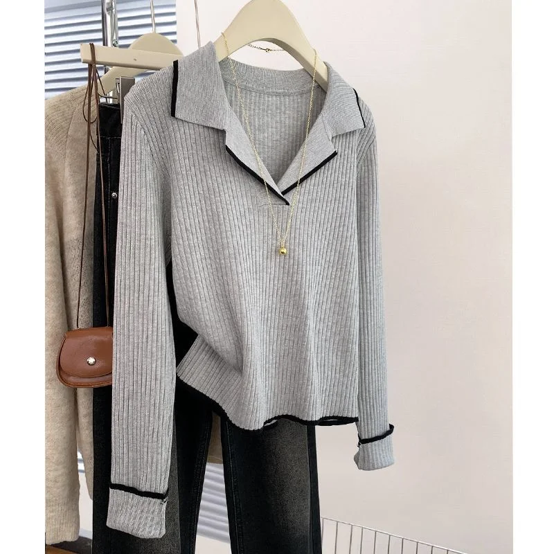 New Spring And Autumn Sweater Women Color-blocking Loose Straight-tube Meat-covering Long-sleeved Top Base Knitted Sweater