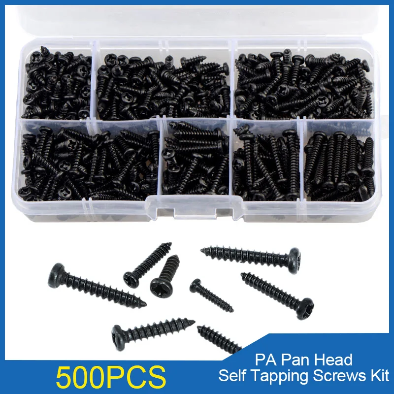 

500pcs M3 Carbon Steel Black PA cross Round Pan Head Tapping Screws Set Carbon Steel laptop computer screw Phillips Screw kit