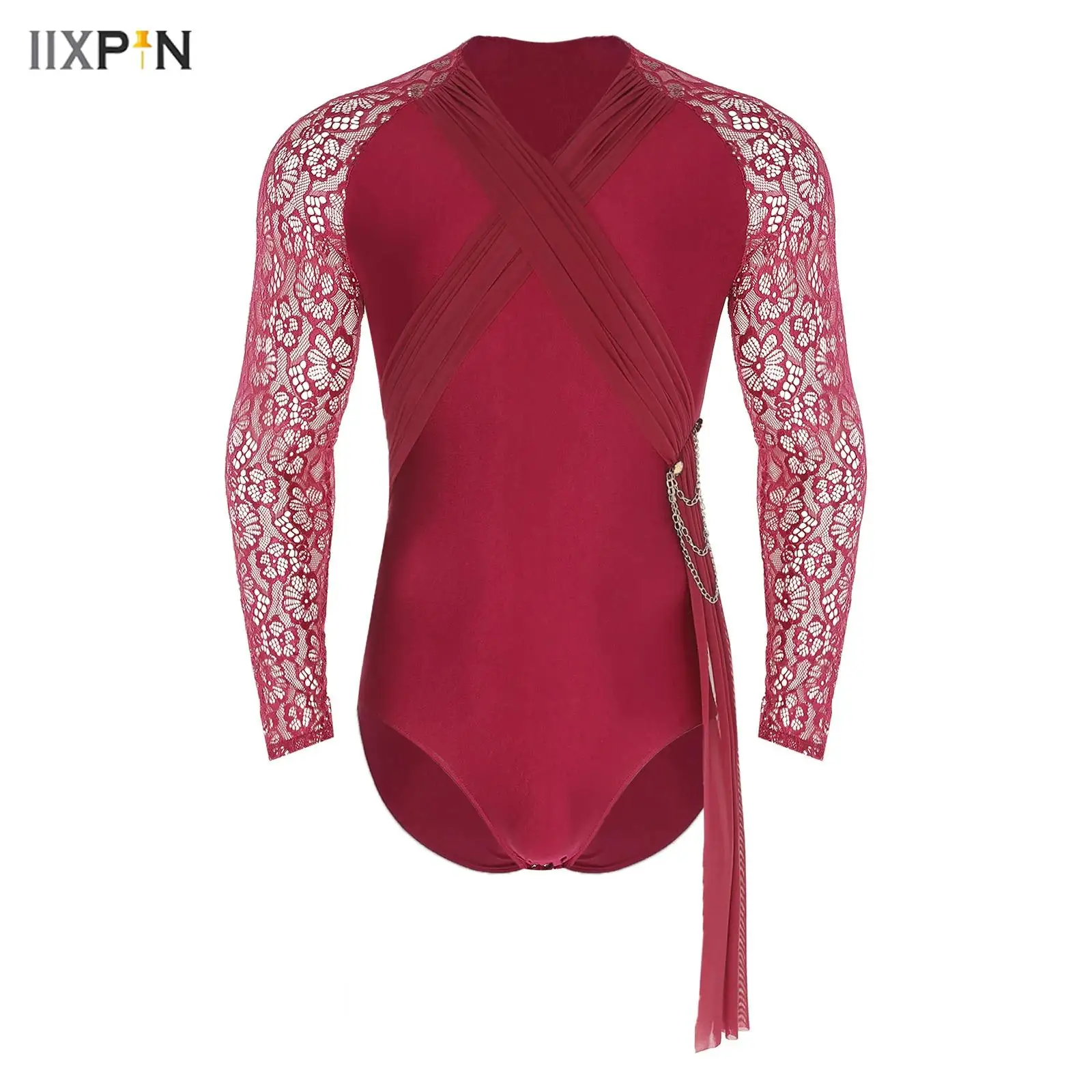 

Mens Latin Dance Bodysuit Sheer Floral Lace Long Sleeve Ruched Mesh Drape Chain Openable Crotch Leotard for Ballet Gymnastics