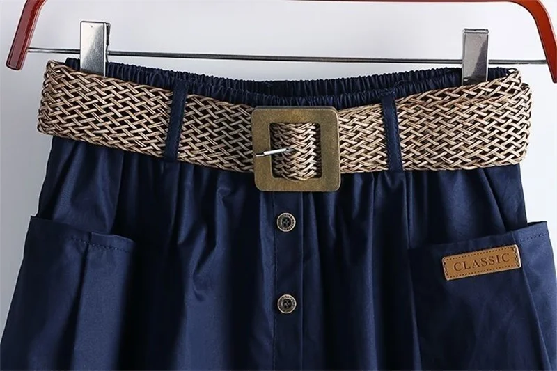 2025 Spring Summer Women Washed Cotton Elastic High-waist Skirt Pocket Belt Solid Long A-line Skirts Split Hem All-match Skirts