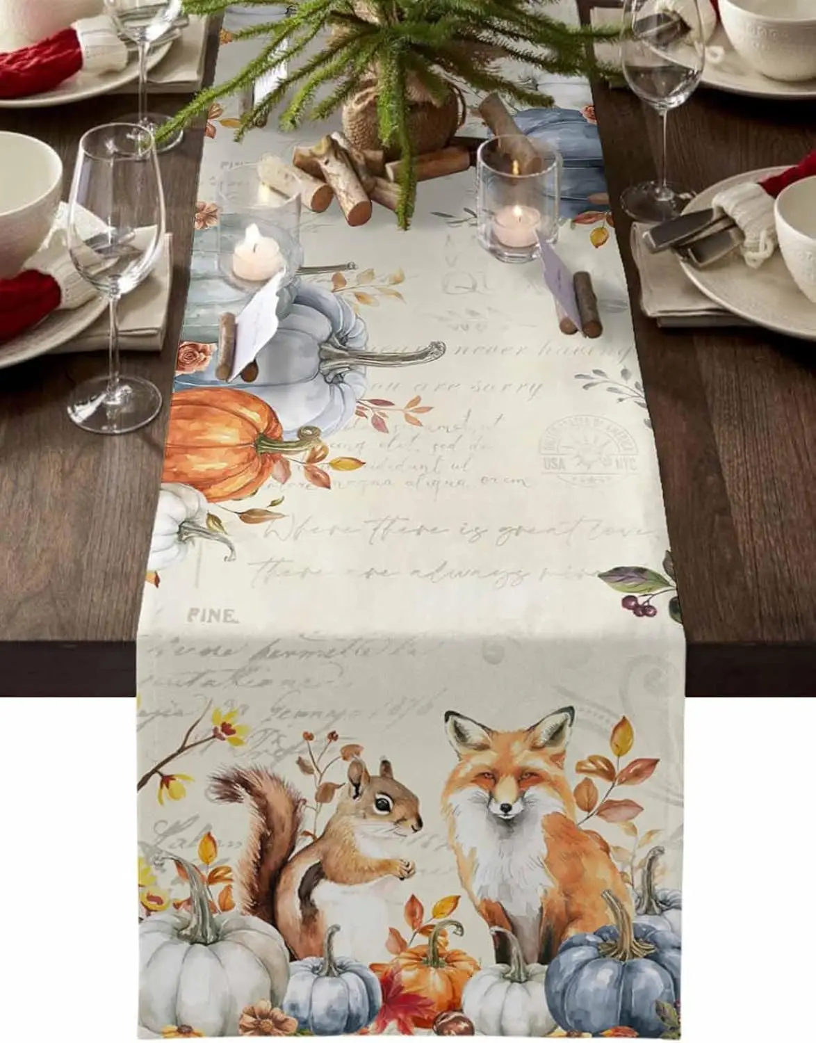 Fall Squirrel Fox Pumpkin Leaves Linen Table Runner Party Decor Reusable Kitchen Dining Table Runner Autumn Thanksgiving Decor
