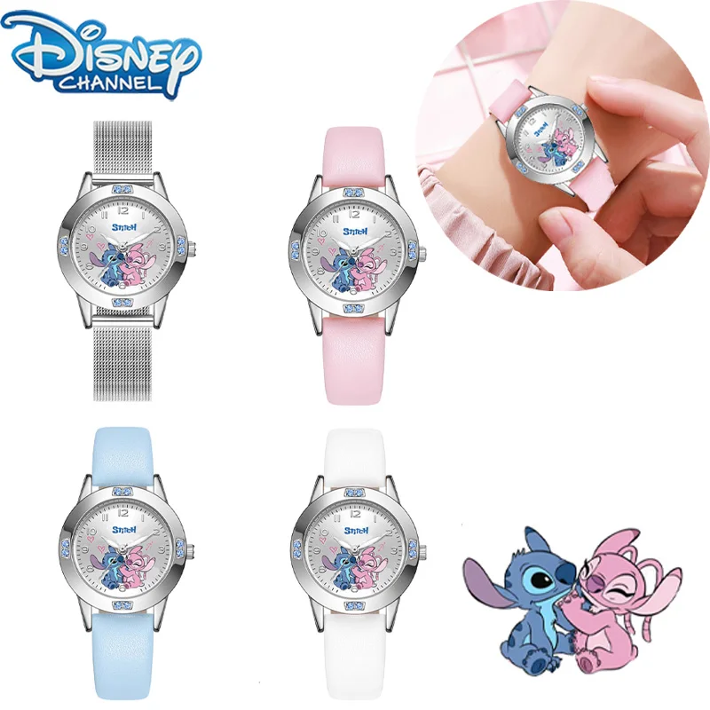 Cute Disney Stitch PU Watch Girl Cartoon Steel Belt Belt Diamond Quartz Watch Minimalist Fashion Women's Watch Holiday Gifts