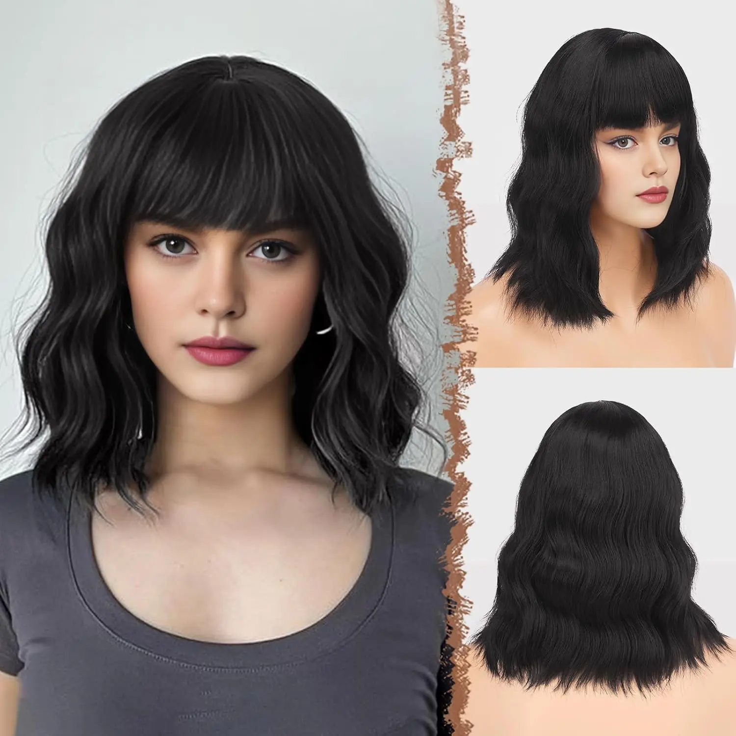 

Black Bob Synthetic Wig With Bangs, Shoulders And Long Or Short Hair Is a Full Head Cover For Women's Daily Gatherings