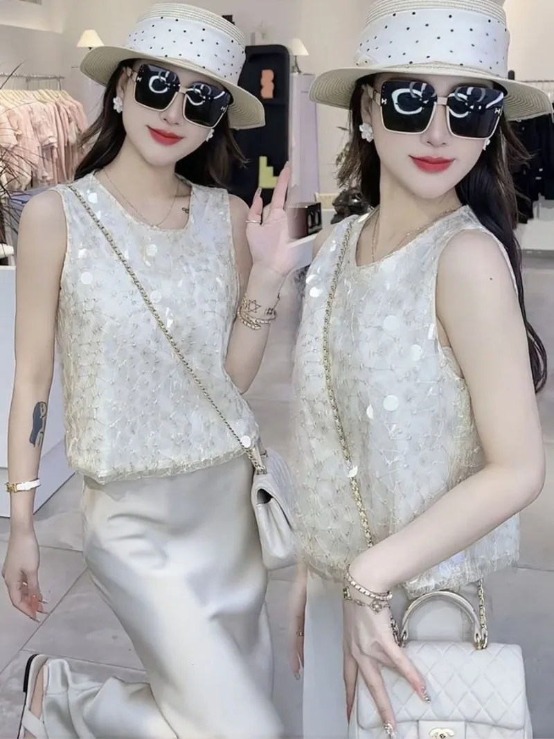 New High End French Summer Two Piece Set Women Fashion Sequined Sleeveless Vest Top + Mermaid Slim Skirt Small Fragrant Suit